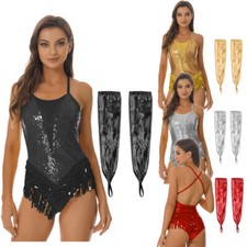Womens Bodysuit Shiny Jumpsuit Cross Back Leotard Sleeves Ballroom Latin Costume
