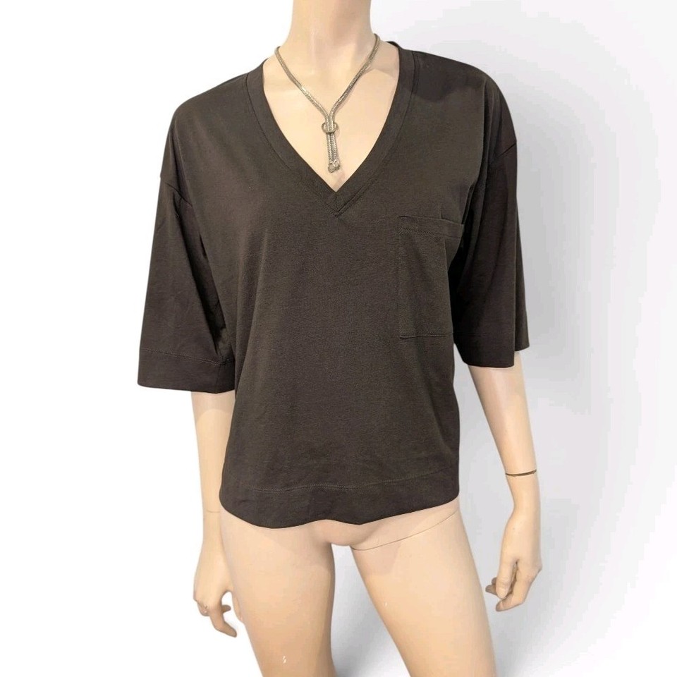 THE SET Next Womens XS Brown V-Neck T-Shirt Top Oversized Minimalist Organic 