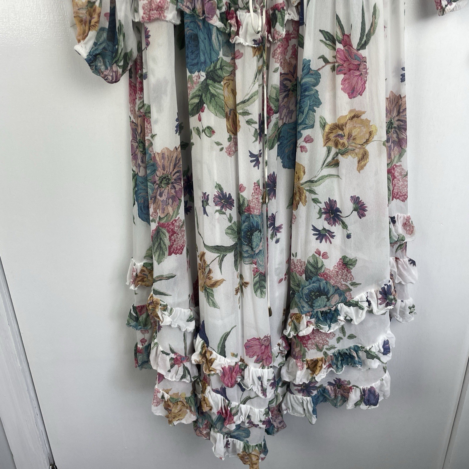 Zimmermann Ninety Six Linear Midi Dress Size 3 / 14 Au White Floral Ruffle