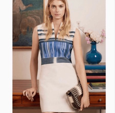 Tory Burch Mini Dress Womens Size 2 Cream Blue Black Mixed-Pattern Mikado Silk