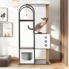 60in Modern Cat Tree Tower Multi-Level Condo Cave Scratching Posts White Vintage