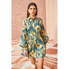 ULLA JOHNSON Jude Dress Constellation Green Yellow Silk Size 00 Long Sleeve Mini