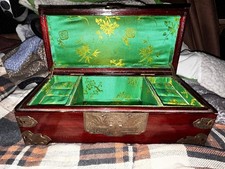 Vintage Chinese Jewelry Box Carved Jade Rosewood Bronze green Satin interior
