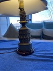 Vintage Ornate Brass and Metal Table Lamp, White Shade w/Brass Torch Finial — photo 3