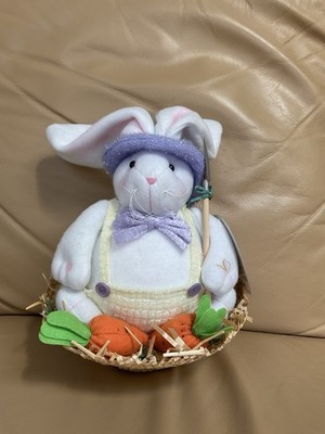 Plush Bunny w/Carrots in Straw Basket ~ Easter Decor ~ 10  Tall x 7  Wide