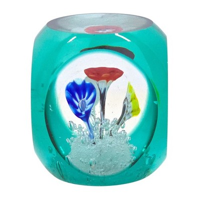 MURANO FERRO & LAZZARINI 1 LB 3 OZ FACETED PAPERWEIGHT AQUA FLASH WITH TULIPS