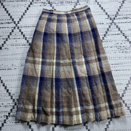 Women’s Plaid Wrap Skirt Size 6 100% Wool Cream Tan Brown Gray