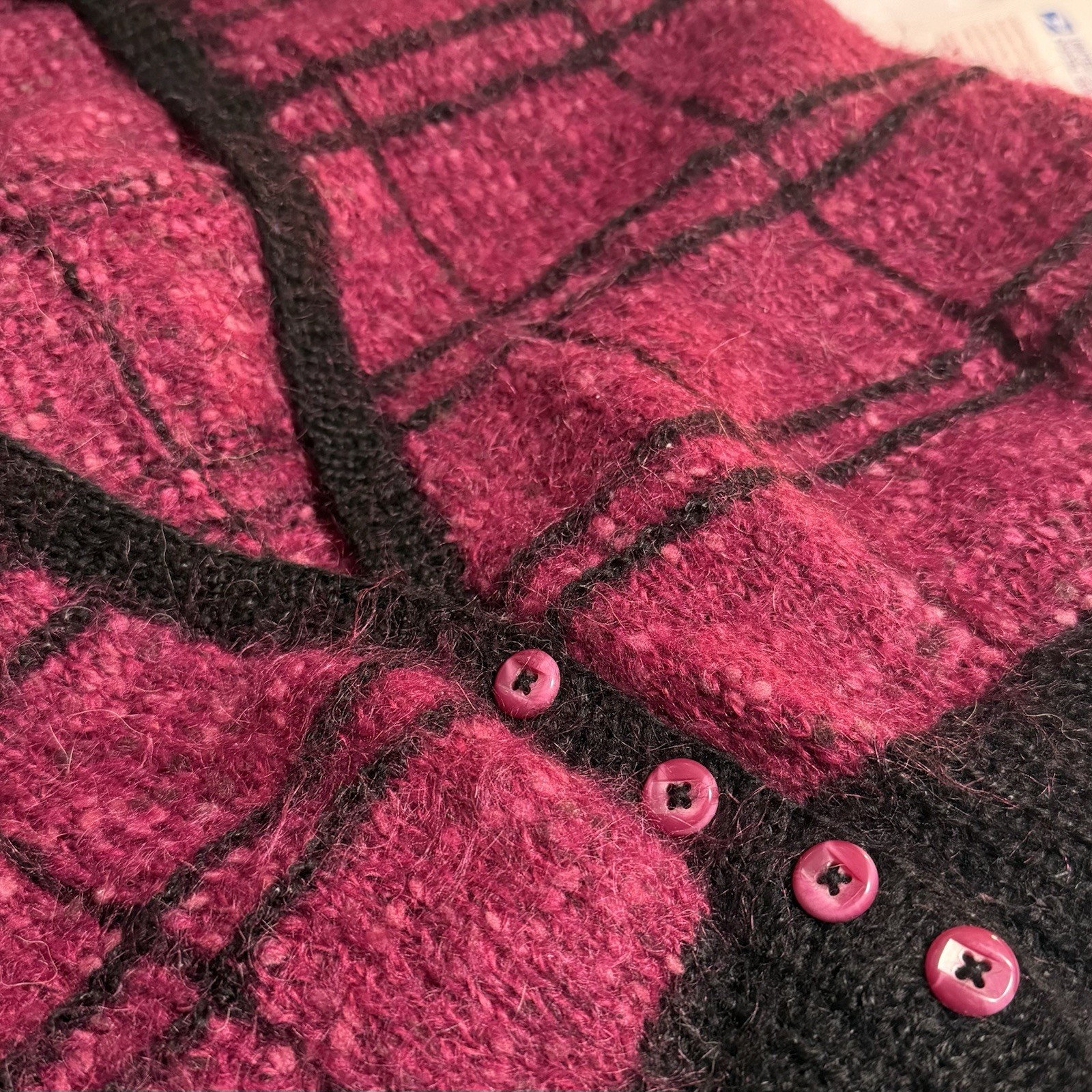 Vintage Handmade Cardigan Sweater Raspberry Pink Plaid V Neck Mohair Button Up