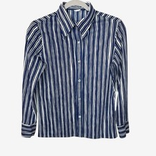 70s Vintage Button Up Top Blouse M Blue Pinstripe Jersey Office Siren Grunge