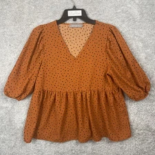 Pixi + Ivy Women's Boutique Top Blouse  - Orange Polka Dot Size Medium