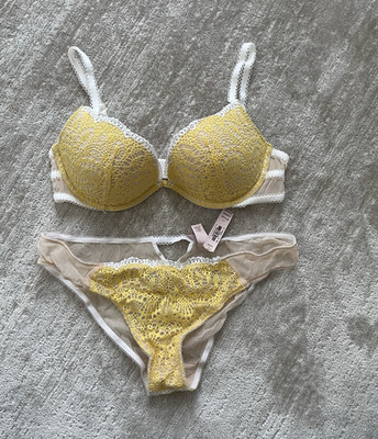 Victoria's Secret Padded Demi Yellow/White Lace Push-Up Underwire Bra Set 36B LG
