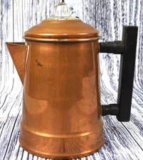 Vintage Small Camping Copper  2-4 Cup Percolator Coffee Pot Wood Handle