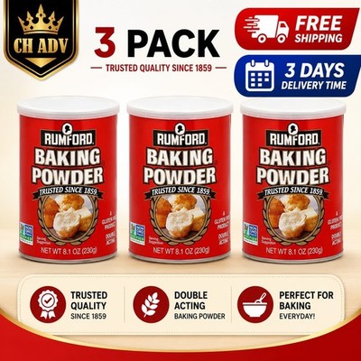 3 pack,Rumford, Non GMO,Gluten Free,Double Acting Baking Powder,8.1 oz.
