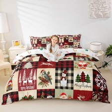 Christmas Plaid Duvet Cover Queen Size Santa Claus Comforter Cover with 2 Pil...