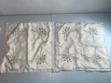 Vintage Hand Embroidered Fabric Square Pillowcases w/ Scalloped Edges  Rear Zip