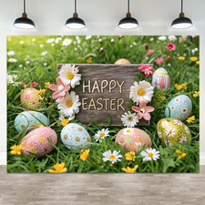6X4Ft Happy Easter Backdrop Colorful Eggs Flowers Rustic Wood Photography Backgr