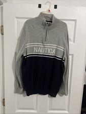 Nautica Men's Gray Navy 1/4 Zip Cotton Pullover Sweater Mock Neck Size L