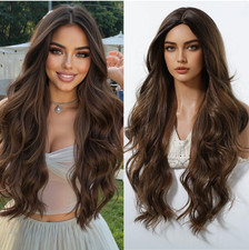 Parrucche capelli sintetici ondulati lunghi mix marrone scuro sfumato parte centrale donna morbide