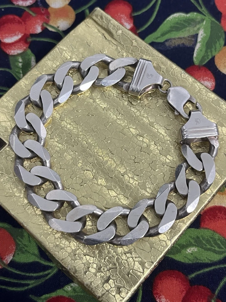 Brazalete de eslabones cubanos de ley 925 pesado 15 mm 8" para hombre 62 g acabado mate Foto 2 de 4