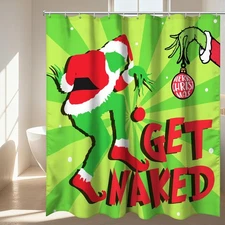 Christmas Shower Curtain and Ring Set, Green Shower Curtain with 12 Plastic H...