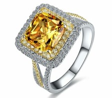 Honey Yellow Cushion  Round Cut 3.02CT Citrine With White CZ Double Halo Ring