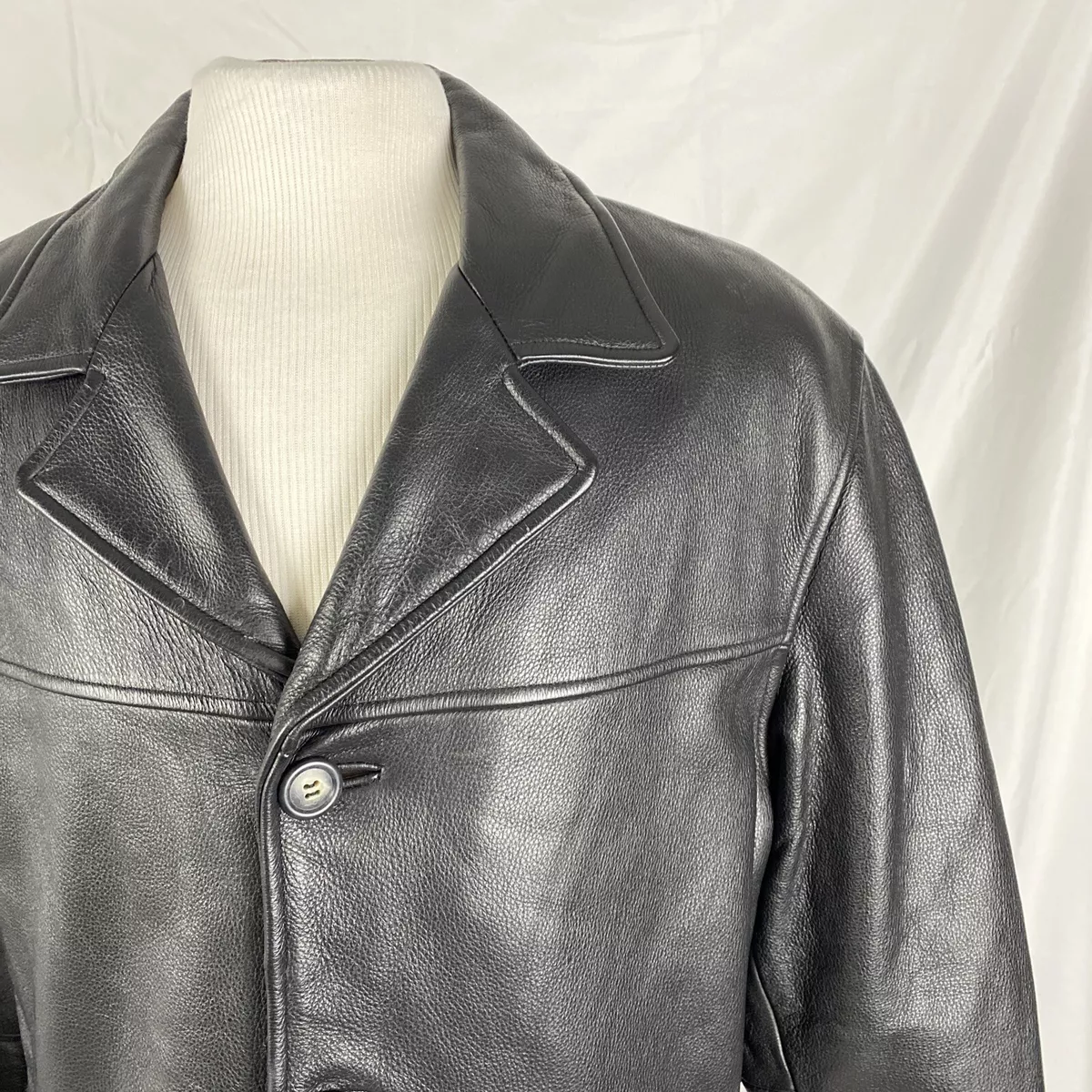 Mens London Fog Black Genuine Leather Long Lined Insulated Jacket