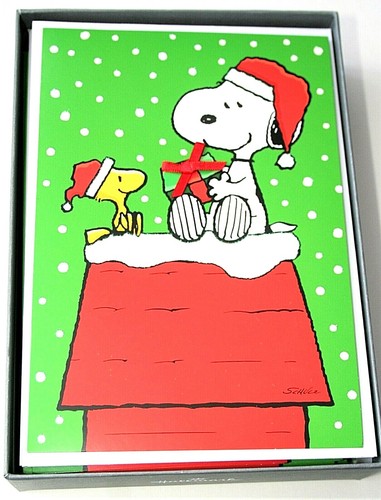 Hallmark 16 Weihnachtskarten Peanuts Snoopy & Woodstock Doghouse Neu NOS Box 2010 - Bild 2 von 3