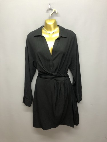 Zara Women's Black Crinkle Belted Casual Shirt Dress Medium Collared - Picture 2 of 12
