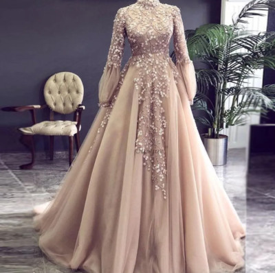 Champagne Muslim Long Sleeve Wedding Dresses High Neck 3D Floral Applique Arab