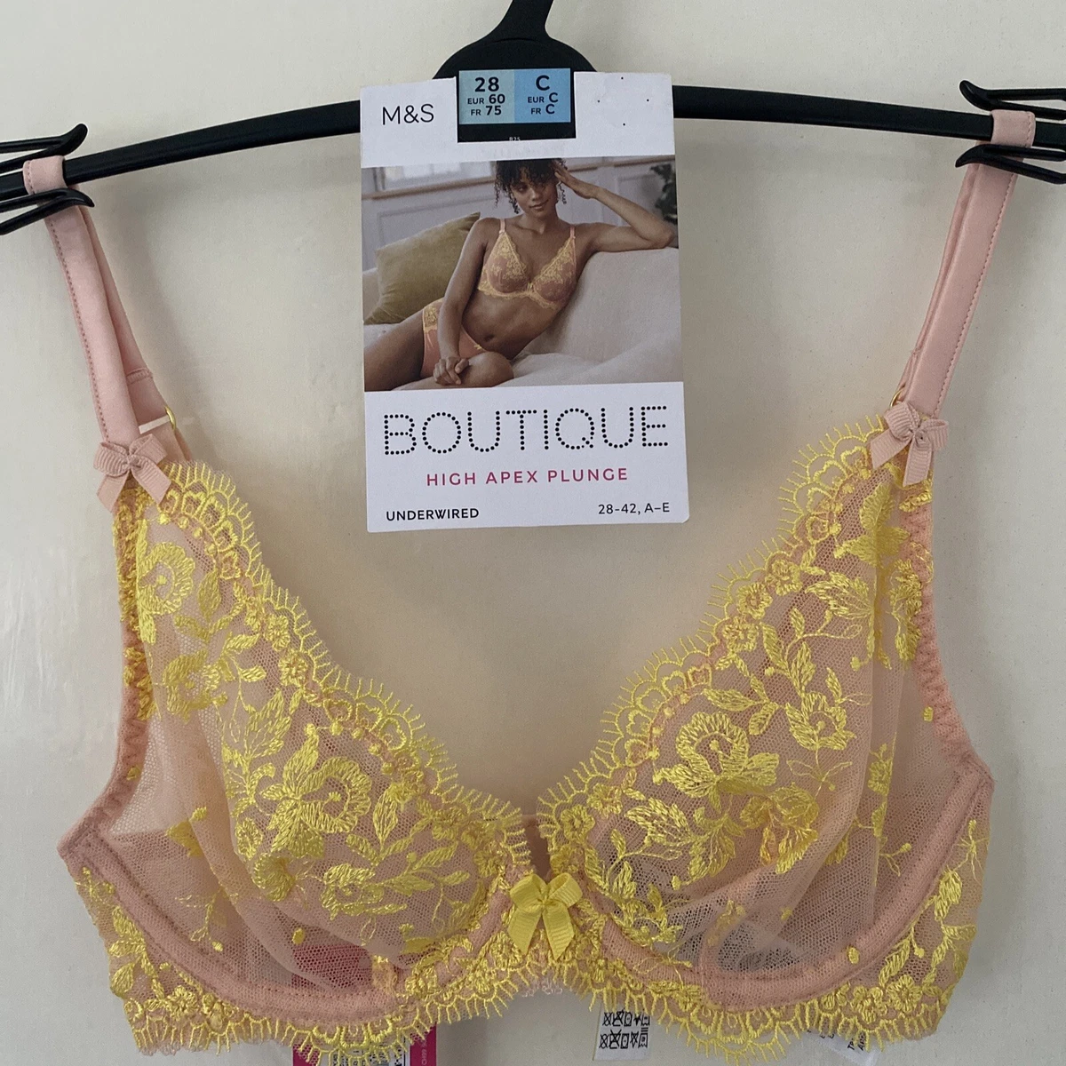 M&S Boutique Sheer Underwired Non Padded High Apex Plunge Bra - 28C