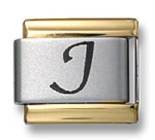 Pulsera Italiana Dije Eslabón Láser Inicial Letra J Borde Dorado Acero Inoxidable 9mm