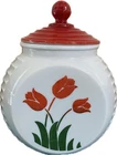 Vintage White Glass Grease Jar With Red Lid And Tulips