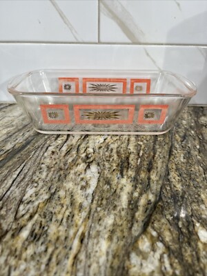 Rare Vintage Glasbake J522 1 1/2 Qt Loaf Baking Dish Clear Orange & Gold Pattern