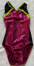 GK Elite Aly Raisman Shiny Pink Foil Lime Black Gymnastics Leotard AS 14 Girl