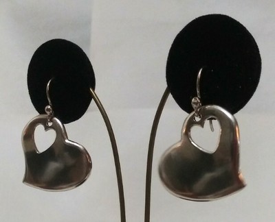 Sterling Silver Freeform Solid Heart Dangle Earrings with Heart Cut Outs Boho