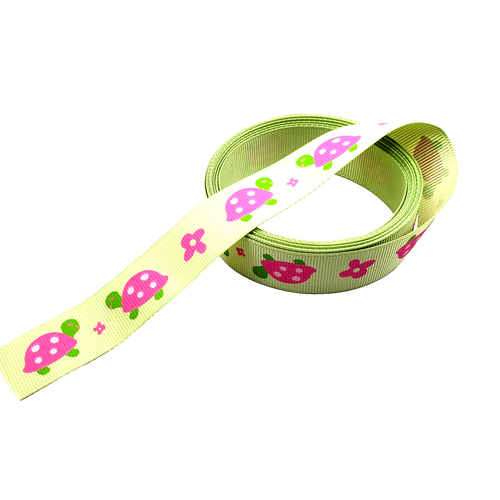 3 Yards 7/8" Hot Pink Schildkröten auf hellgrünem Ripsband 100 % Polyester