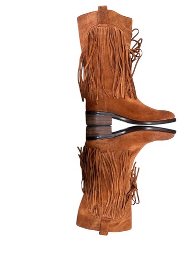 Lucky Brand Caleb Fringe Suede Boots Womens 10 Brown Camo Western Bohemian Retro - Picture 13 of 18