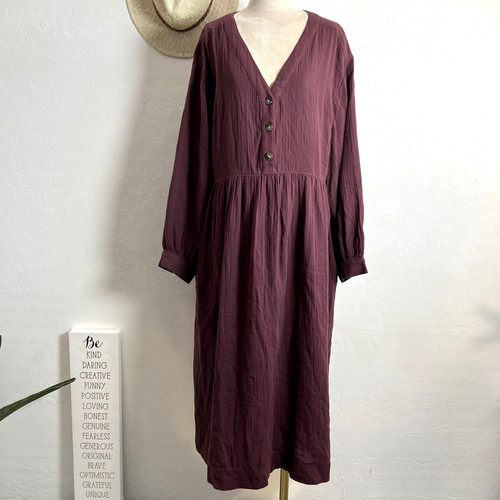 Madewell Lightspun button-front midi dress deep fig color gauze relax oversize