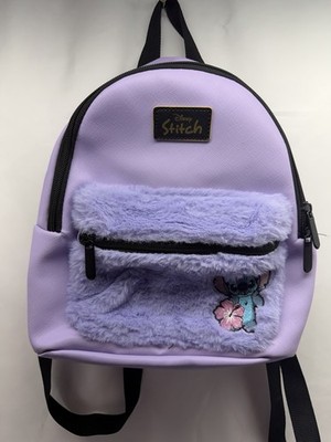  Disney Stitch Mini Backpack Lavender Purple Faux Fur Front Pocket Hibiscus Bag 