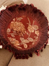 Victorian Cranberry Red 20" Round FEATHER Pillow w Tassels Embroidered ROSES