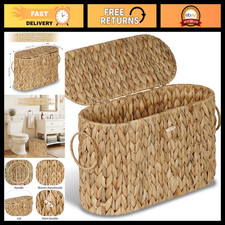 Slim Water Hyacinth Toilet Paper Storage Basket with Lid - Holds 9 Mega Rolls, B