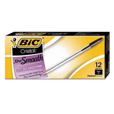 BIC  Cristal Xtra Smooth Ballpoint Stick Pen, Black Ink, 1mm, Medium, Dozen
