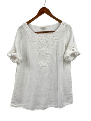 LINA TOMEI Women's White Linen Roll-Tab Short Sleeve Floral Crochet Blouse Large