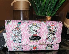 Ed Hardy Skulls   Skeletons Love Dies Hard Pink Wallet Photo ID CC's Flap NWT 