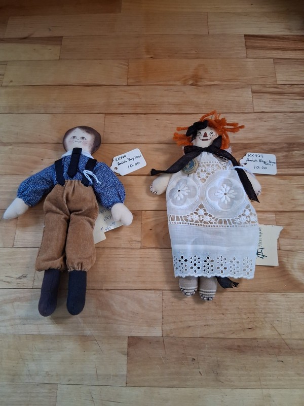 2 amish made raggedy ann and victorian boy doll