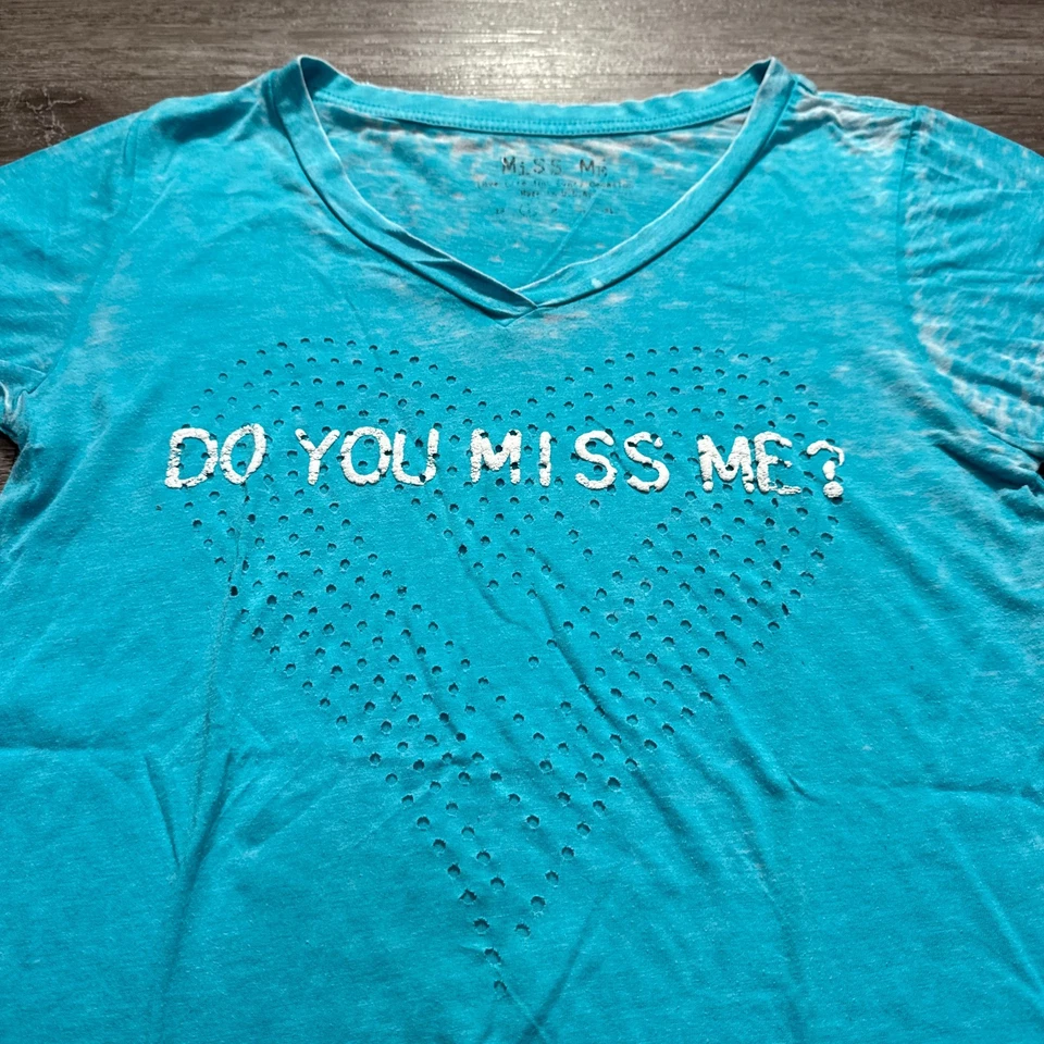 Miss Me Shirt Womens Small Blue Heart Graphic Short Sleeve Tee Burnout Light - Image 2 of 4