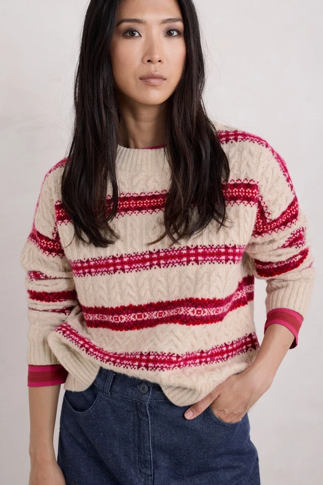 Seasalt Women's Regular Shepherd Fair Isle Cable Knit Jumper with Lambswool Snow - Image 3 of 4