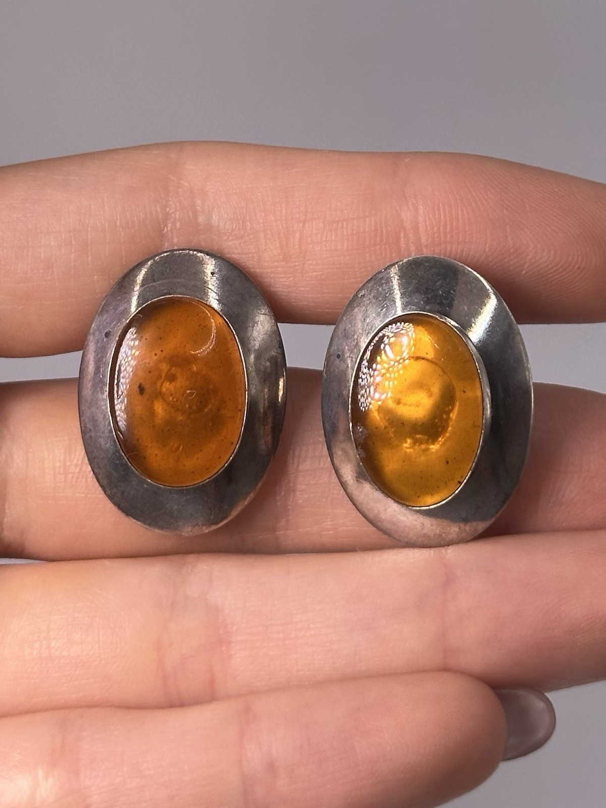 Vintage 925 Sterling Silver Amber Oval Statement Clip On Earrings