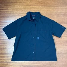 Topo Designs Womens Medium Black Blue Retro River Short Sleeve Button-Down Shirt