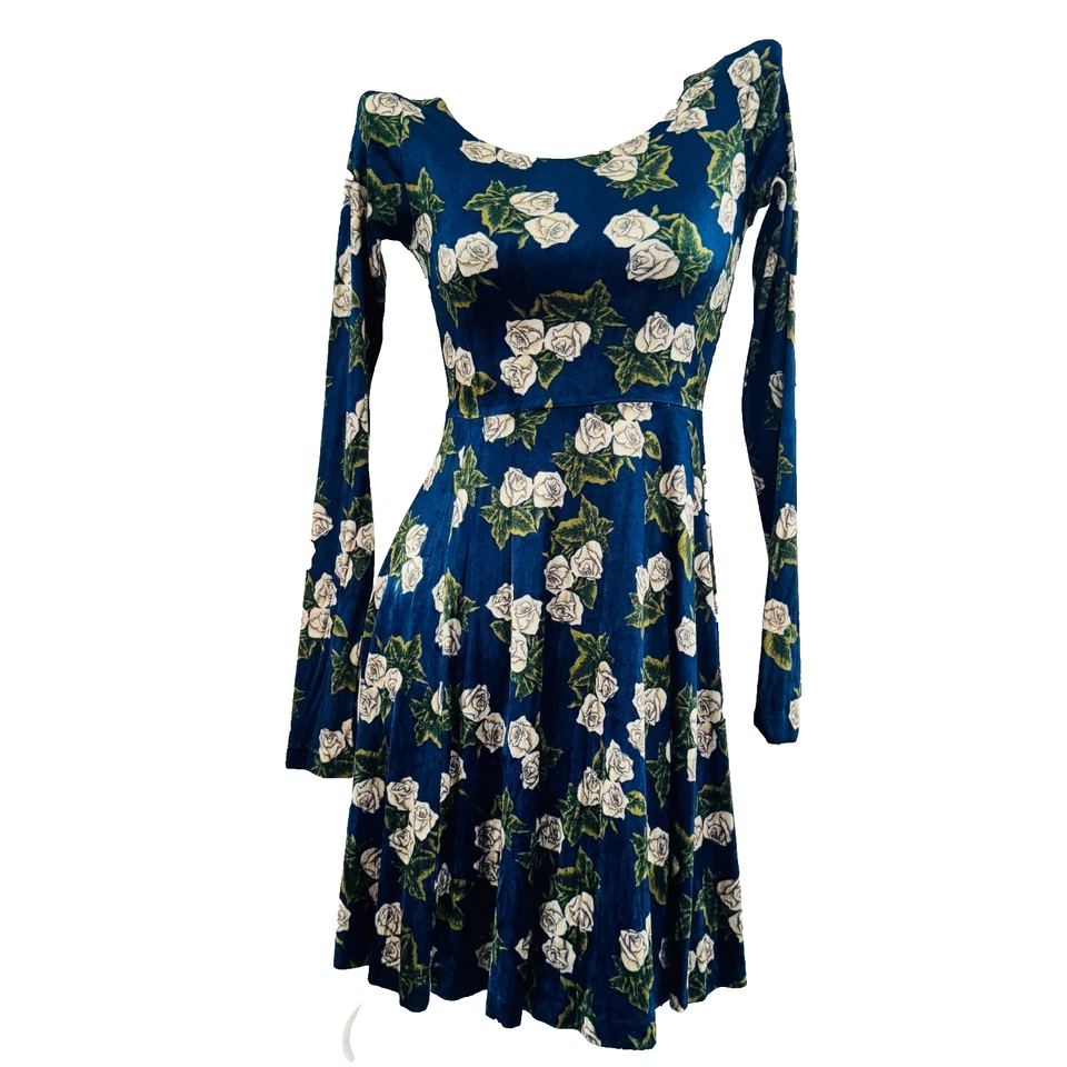 90s vtg BETSEY JOHNSON Crushed Stretch Blue VELVET White Rose Skater Dress USA S - Image 2 of 4
